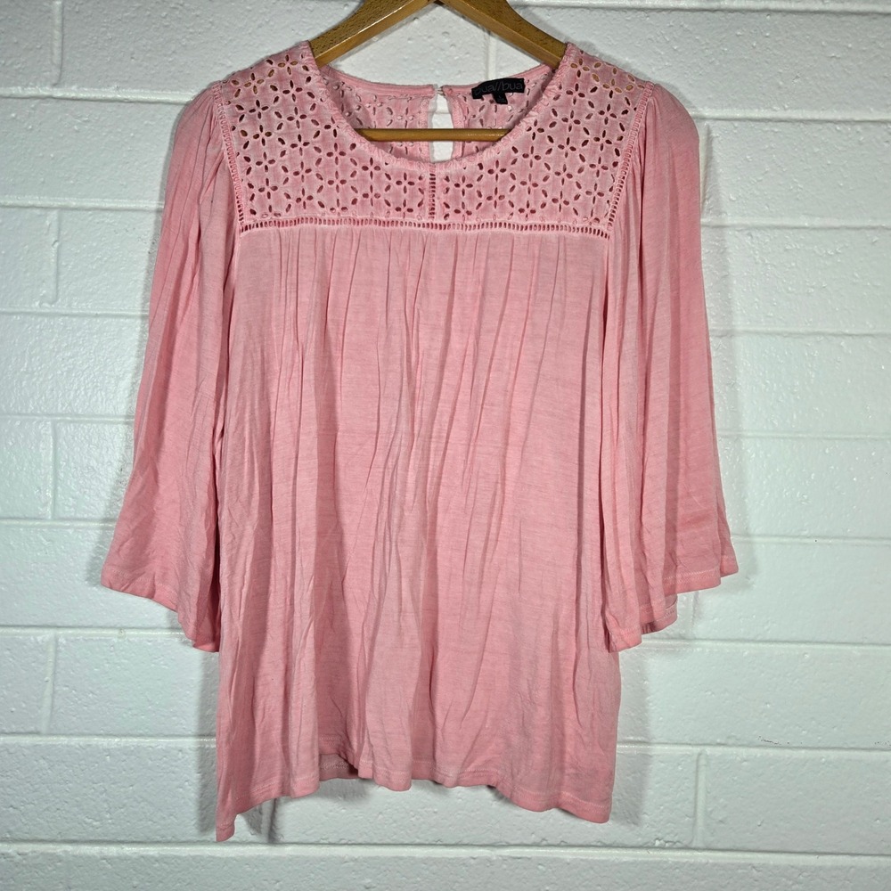 Bua Bua Pink Eyelet‎ Lace Peasant Top Oversized Large Bell Sleeve Boho Hippie